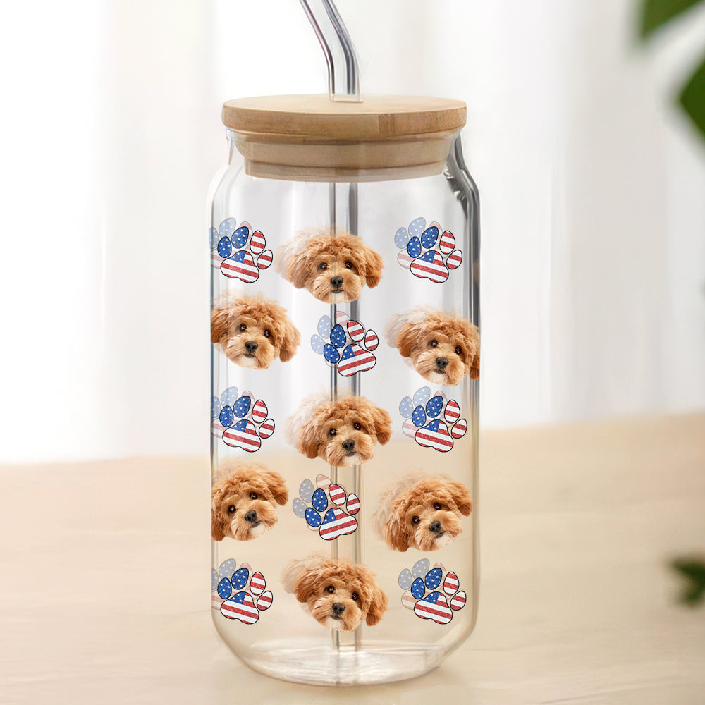 Custom Dog Cat Pet Photo With Icon US Flag Glass Can With Lid Gift for Pet Lovers HA75 920330