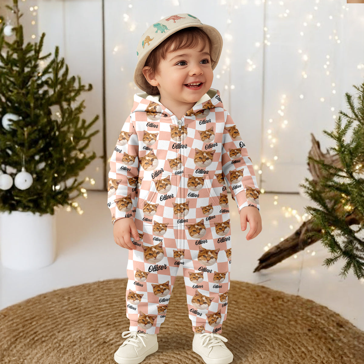 Custom Dog Cat Face Gingham Pattern Onesie Pajamas For Dog Cat Lovers LM32 669735