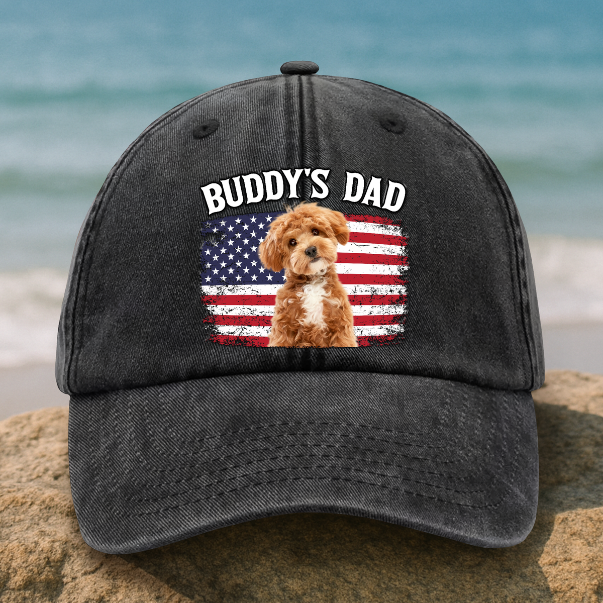 Custom Photo America Dog Dad Washed Denim Baseball Cap CH07 896014