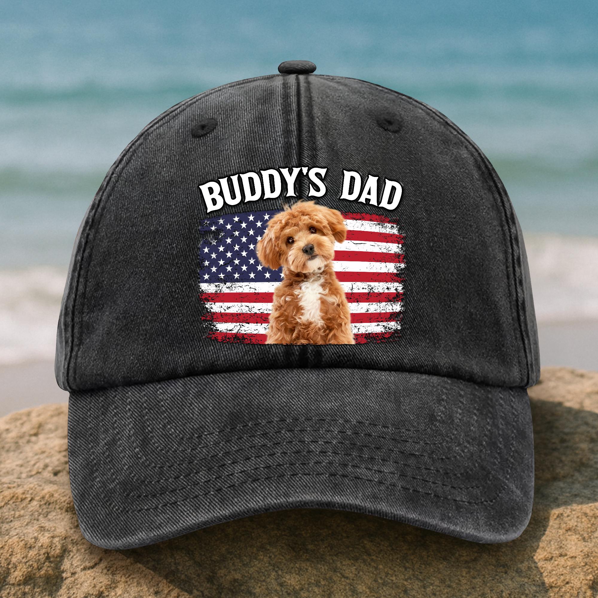 Custom Photo America Dog Dad Washed Denim Baseball Cap CH07 896014