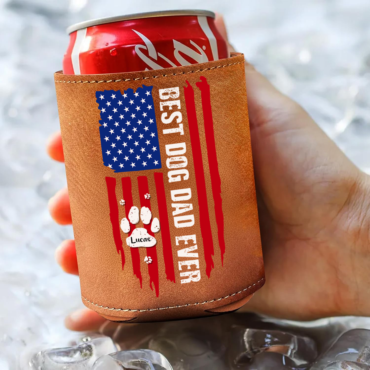 Best Dog Dad Ever Paw American Flag Leather Can Cooler Holder Gift For Dog Lovers HO82 894106