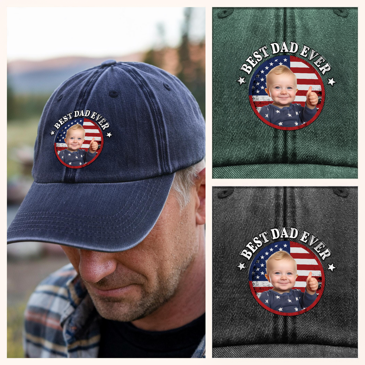 Custom Photo Best Dad Ever With US Flag Washed Denim Baseball Cap HA75 892528