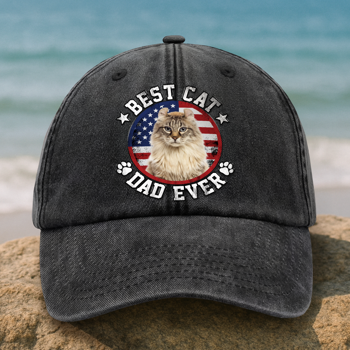 Custom Photo Best Dog Dad Ever With US Flag Washed Denim Baseball Cap HA75 892478