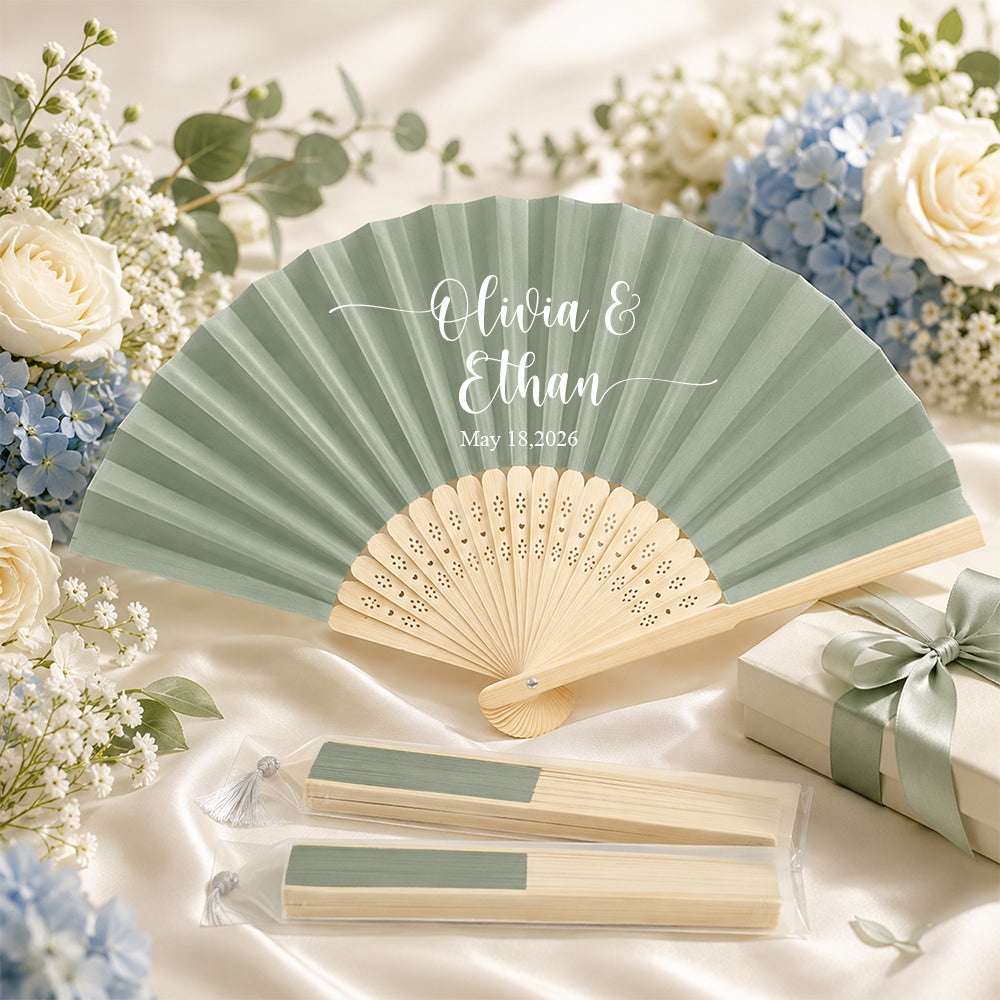 Custom Groom & Bride Name Bamboo Hand Fan Wedding Keepsake Gift CH07 180208