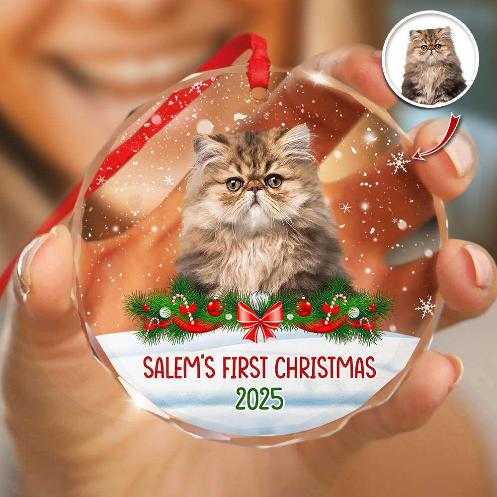 Custom Photo Cat First Christmas Glass Ornament HA75 897260