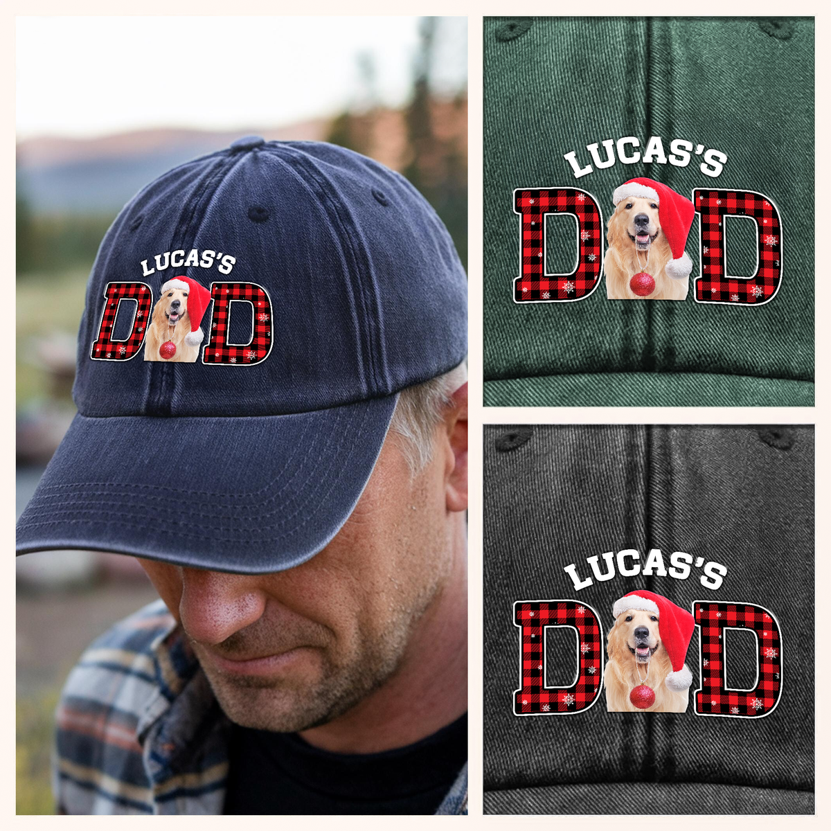 Custom Photo Dog Cat Dad Mom With Christmas Washed Denim Baseball Cap Gift For Dad Mom On Christmas HO82 894346