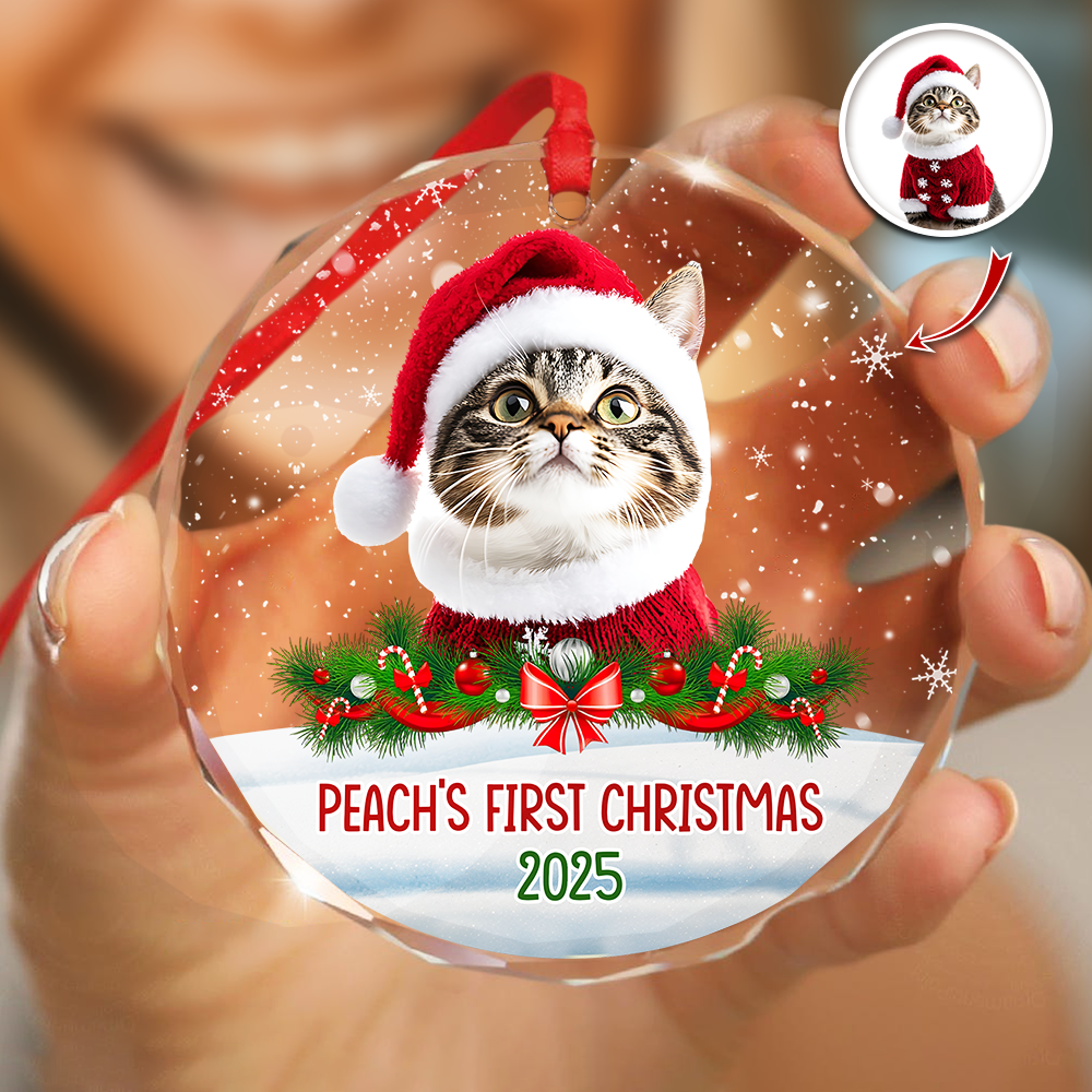 Custom Photo Cat First Christmas Glass Ornament HA75 897260