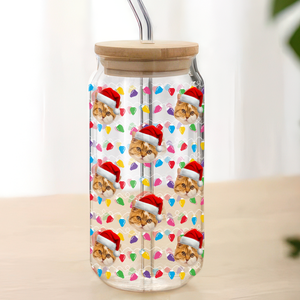 Custom Photo Dog Cat With Colorful Christmas Lights Glass Can With Lid For Dog Cat Lovers HA75 898328
