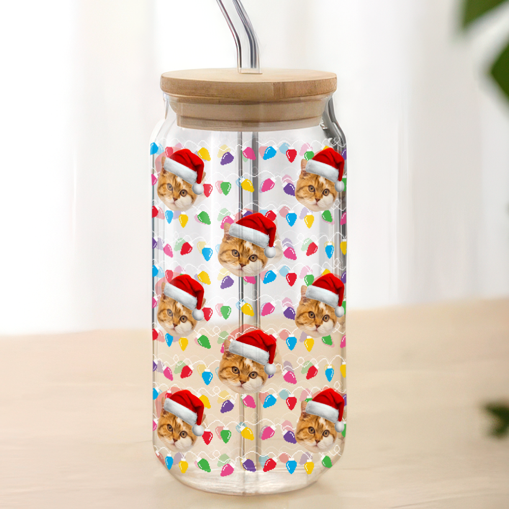 Custom Photo Dog Cat With Colorful Christmas Lights Glass Can With Lid For Dog Cat Lovers HA75 898328