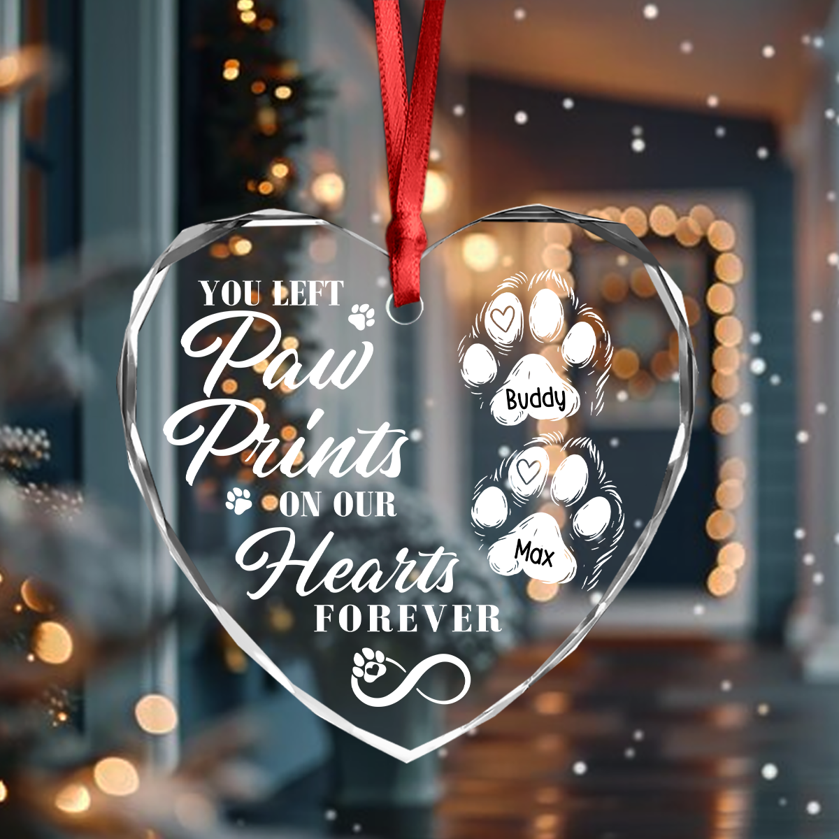 You Left Paw Prints On Our Hearts Forever Personalized Dog Memorial Heart Shaped Glass Ornament CH07 896604