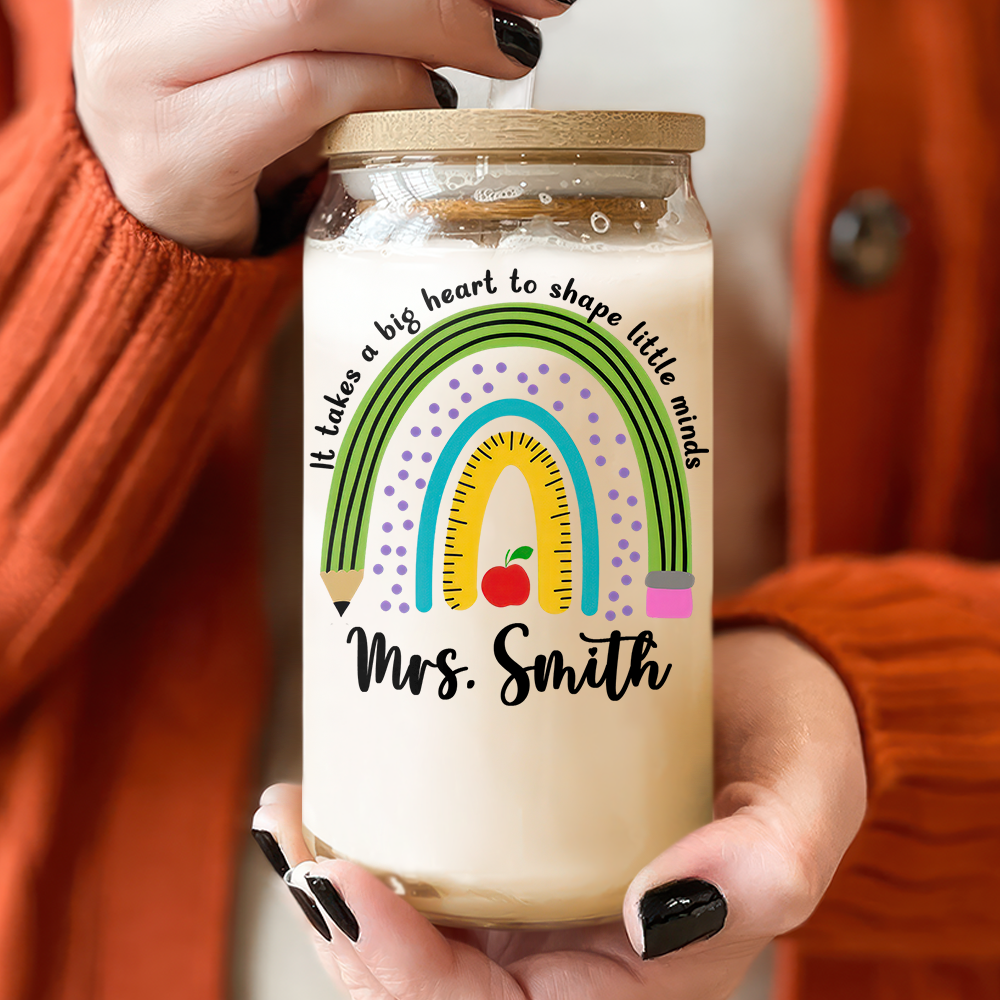 Personalized Rainbow Teacher Glass Can With Lid Teacher Apprecation Gift Back to School Gift CH07 896182