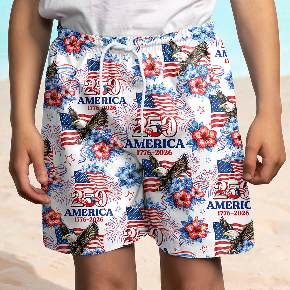 Personalized USA 250th Anniversary 1776–2026 Kids Beach Shorts – Patriotic Eagle Flag Gift for 4th of July TH10 169395