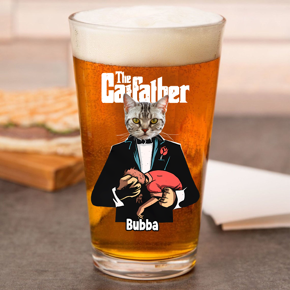 Custom Cat Face Photo The Catfather Print Beer Glass Personalized Gift For Dad HO82 893858