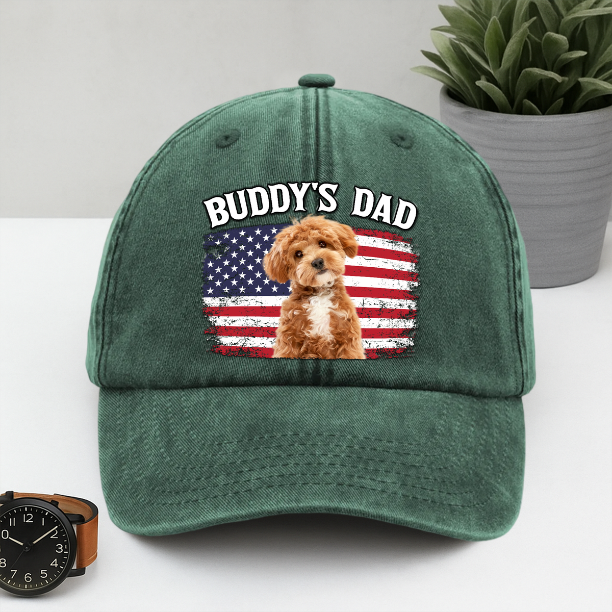 Custom Photo America Dog Dad Washed Denim Baseball Cap CH07 896014
