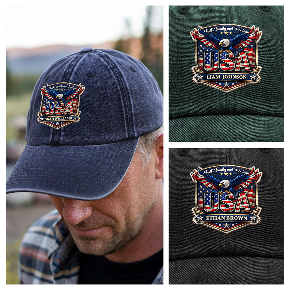Personalized Faith, Family & Freedom America 250 Years Washed Denim Baseball Cap HA75 921018