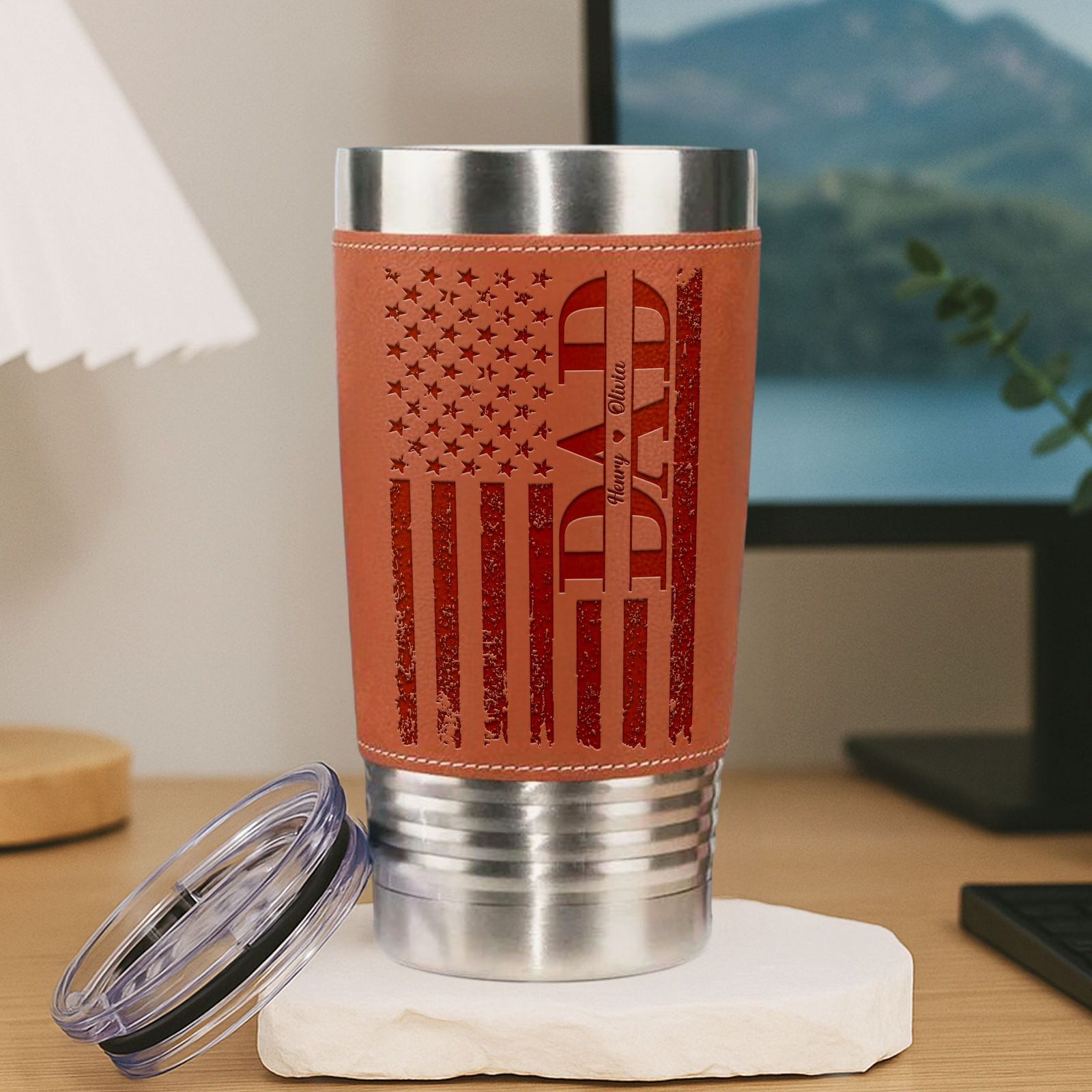 Custom Name Dad We Love You US Flag Leather Tumbler HA75 892560