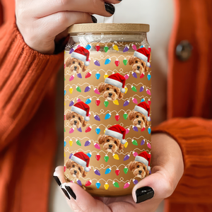 Custom Photo Dog Cat With Colorful Christmas Lights Glass Can With Lid For Dog Cat Lovers HA75 898328