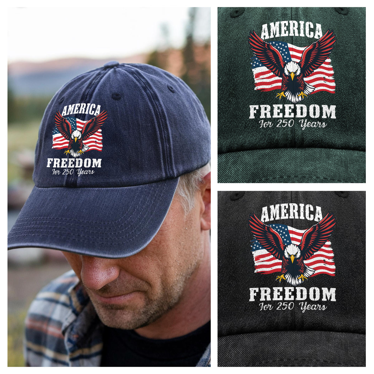 America 250 Years of Freedom Patriotic Eagle Flag Washed Denim Baseball Cap HA75 897346