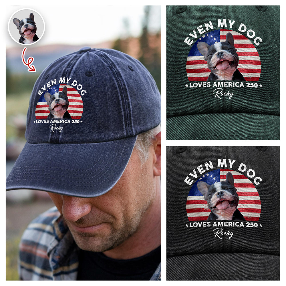Custom Photo Even My Dogs Love America 250 Washed Denim Baseball Cap HO82 894720