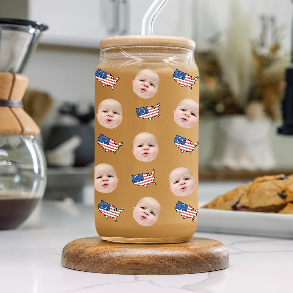 Custom Human Face With Icon US Flag Glass Can With Lid Family Gift HA75 920358