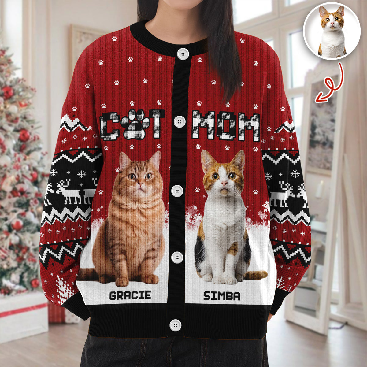 Custom Cat Photo Christmas Pattern Ugly Cardigan Christmas Gift HA75 898176