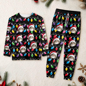 Custom Photo Cat With Colorful Christmas Lights Sleepwear HO82 900030