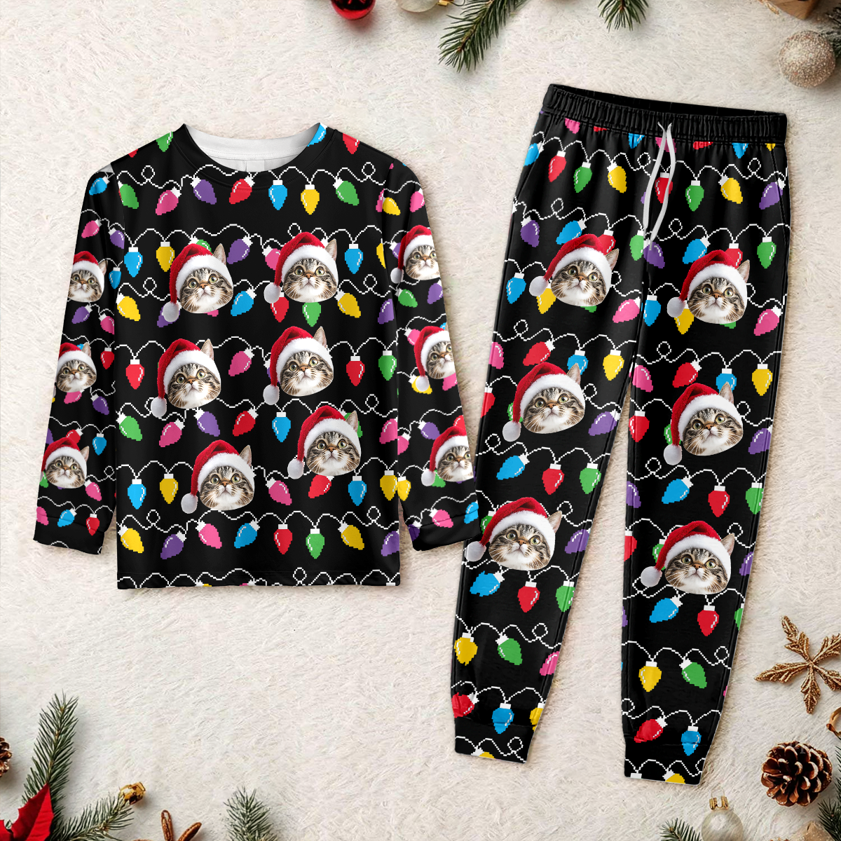 Custom Photo Cat With Colorful Christmas Lights Sleepwear HO82 900030