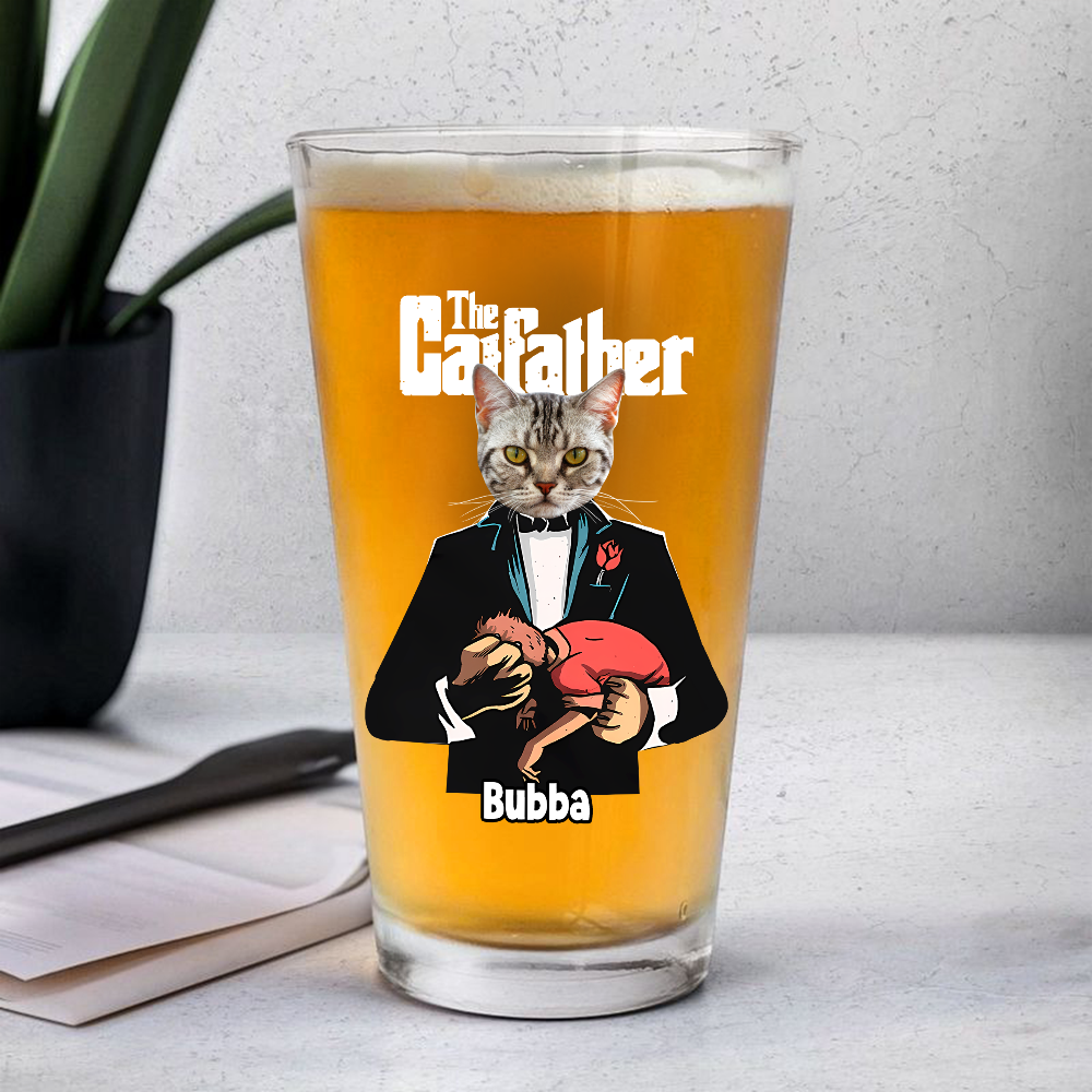 Custom Cat Face Photo The Catfather Print Beer Glass Personalized Gift For Dad HO82 893858