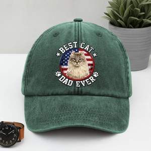 Custom Photo Best Dog Dad Ever With US Flag Washed Denim Baseball Cap HA75 892478