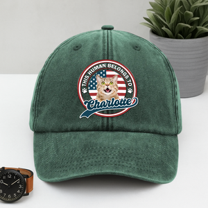 Custom Photo This Human Belongs To Dog Cat Washed Denim Baseball HA75 892556