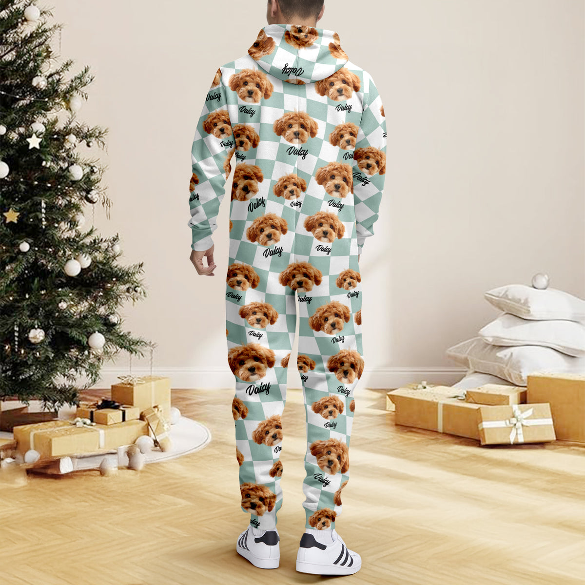 Custom Dog Cat Face Gingham Pattern Onesie Pajamas For Dog Cat Lovers LM32 669735