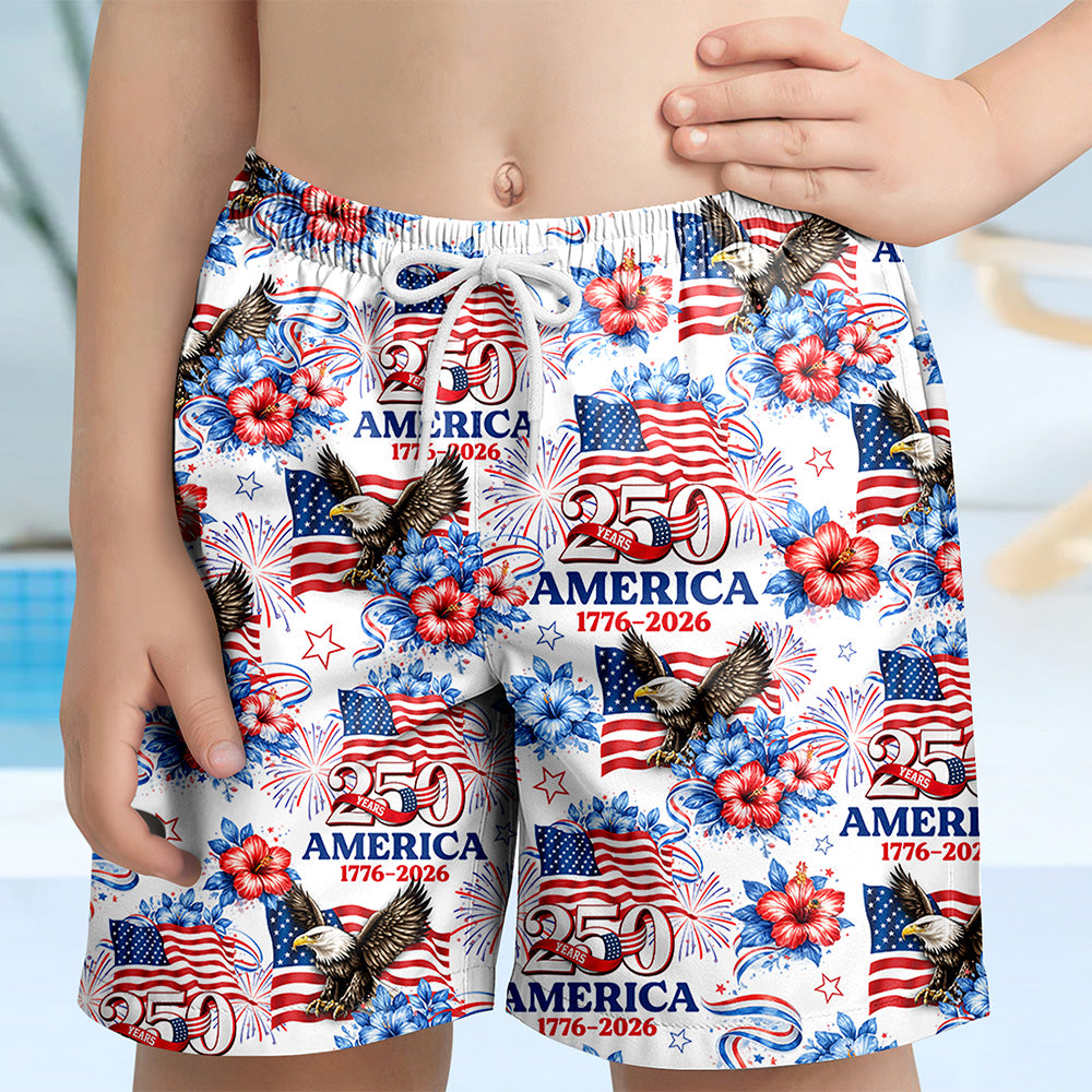 Personalized USA 250th Anniversary 1776–2026 Kids Beach Shorts – Patriotic Eagle Flag Gift for 4th of July TH10 169395