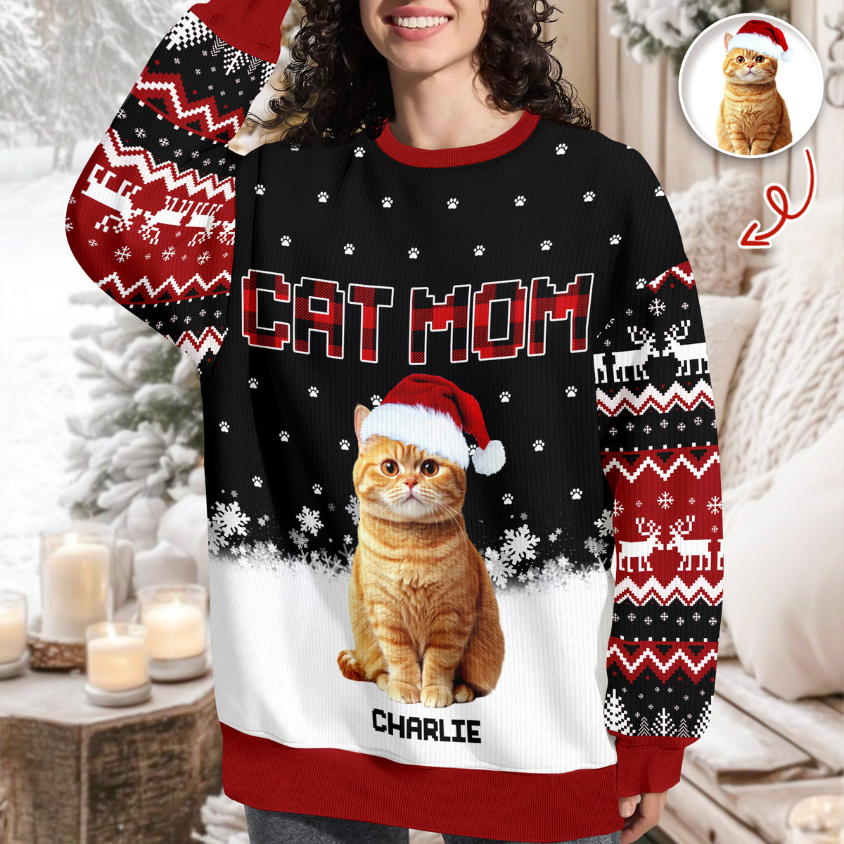Custom Cat Photo - Cat Mom Cat Dad Christmas Pattern Ugly Sweater Christmas Gift HA75 897612
