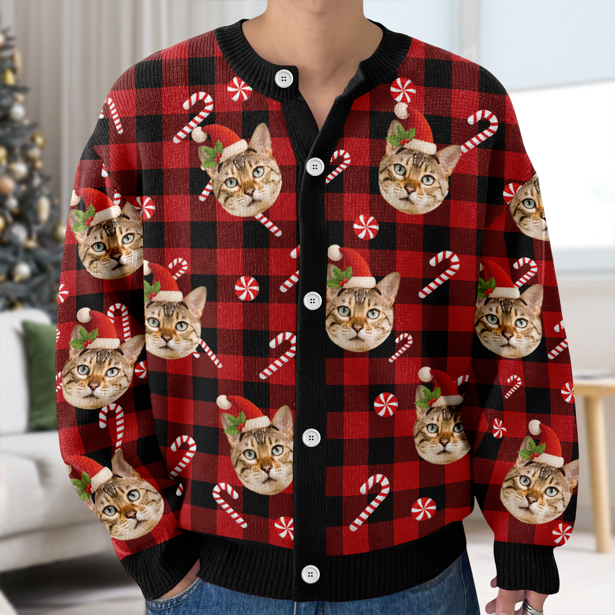 Custom Cat Photo Christmas Pattern Cardigan Christmas Gift HO82 900402