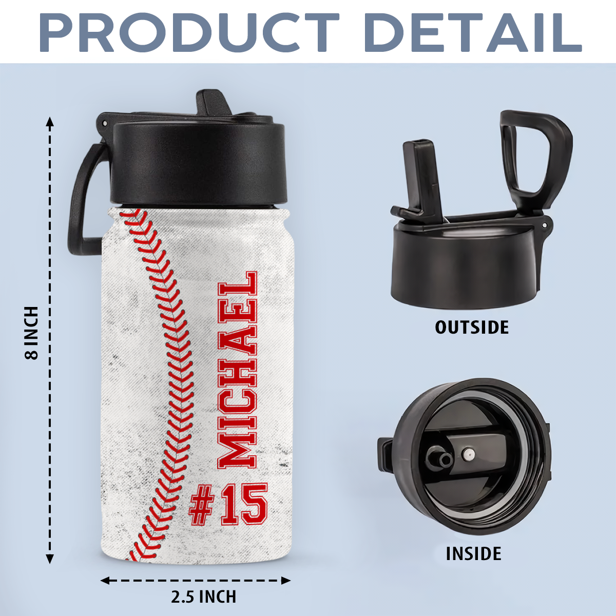 Custom Name And Number Baseball Kid Water Bottle With Straw HA75 892586