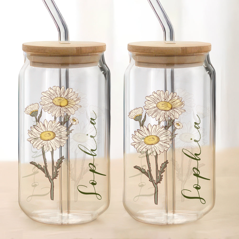 Custom Name With Floral Glass Can With Lid Personalized Gift HA75 892010