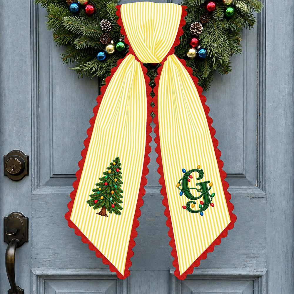 Personalized Christmas Tree Initial Stripe Wreath Sash, Custom Monogram Door Bow Decoration HO82 903918