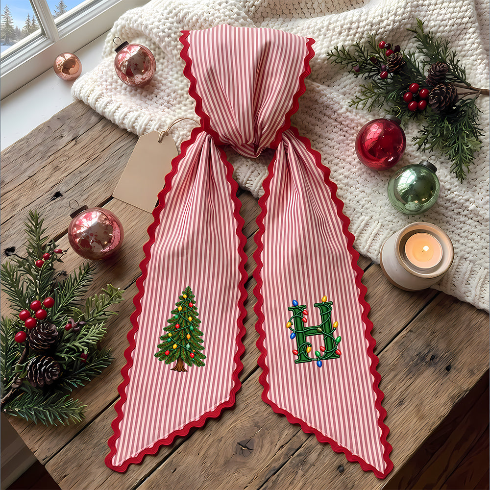 Personalized Christmas Tree Initial Stripe Wreath Sash, Custom Monogram Door Bow Decoration HO82 903918