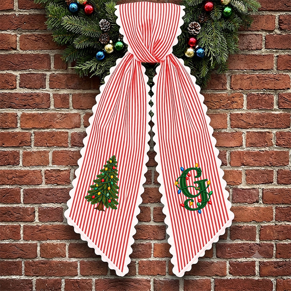Personalized Christmas Tree Initial Stripe Wreath Sash, Custom Monogram Door Bow Decoration HO82 903918
