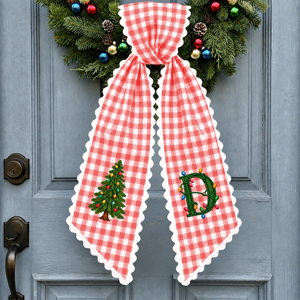 Personalized Christmas Tree Initial Stripe Wreath Sash, Custom Monogram Door Bow Decoration HO82 903918