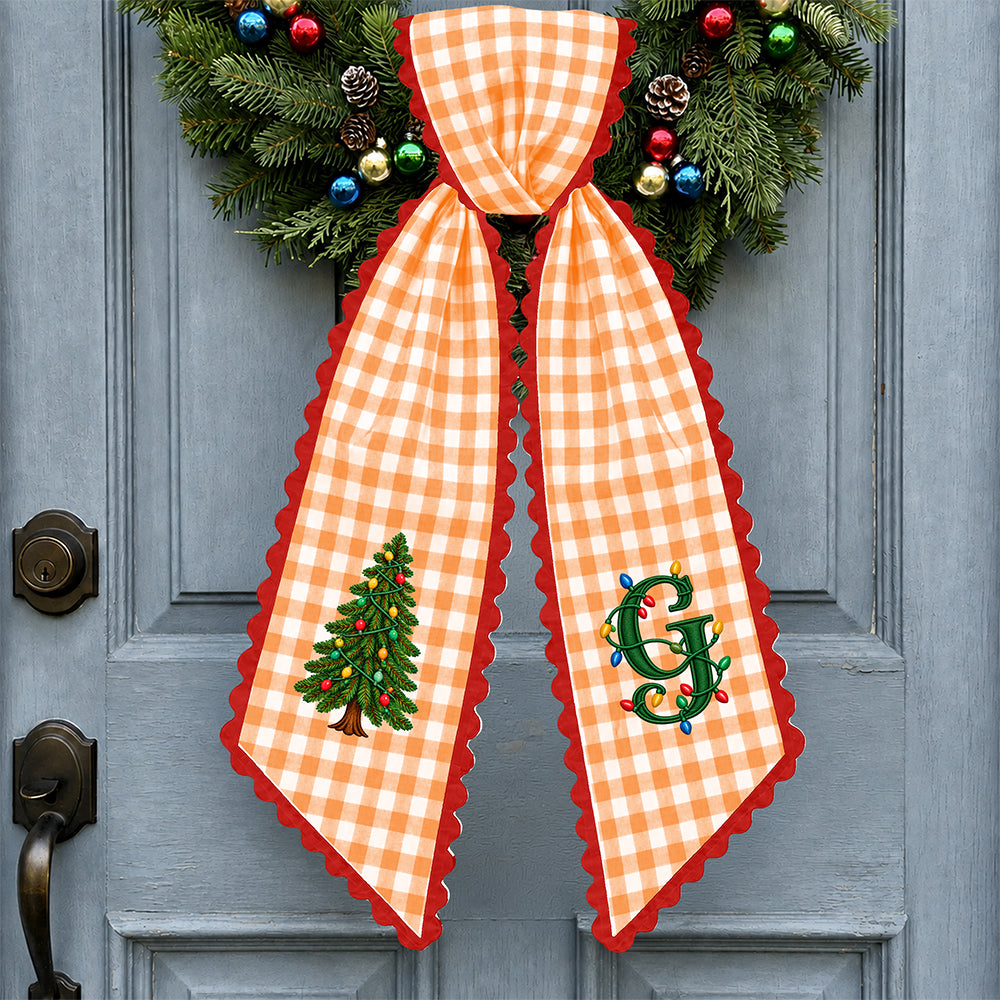 Personalized Christmas Tree Initial Stripe Wreath Sash, Custom Monogram Door Bow Decoration HO82 903918