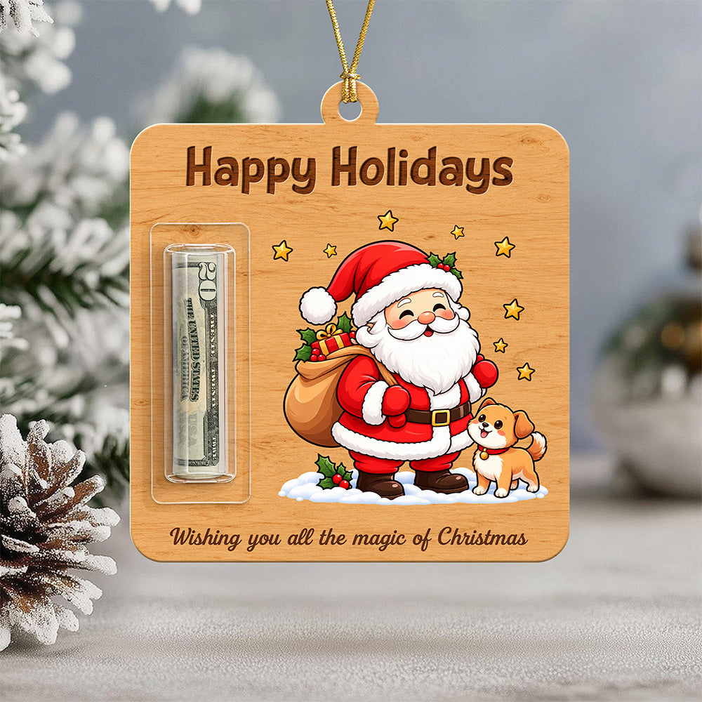 Personalized Character Happy Holidays Wooden Money Holder Ornament, Christmas Cash Gift For Family TH10 171379