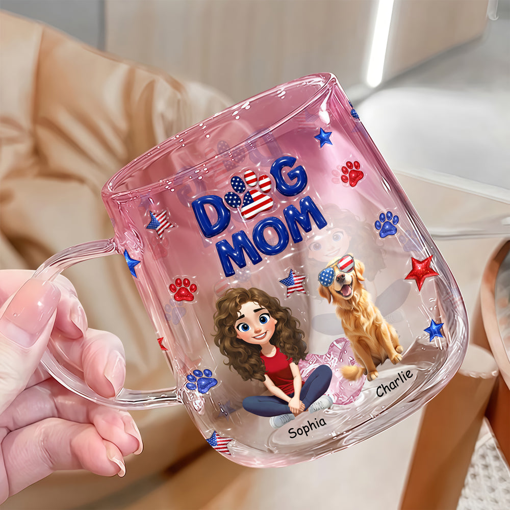 Custom Dog Mom & 3D Dog US Flag Gradient Glass Mug HO82 901916