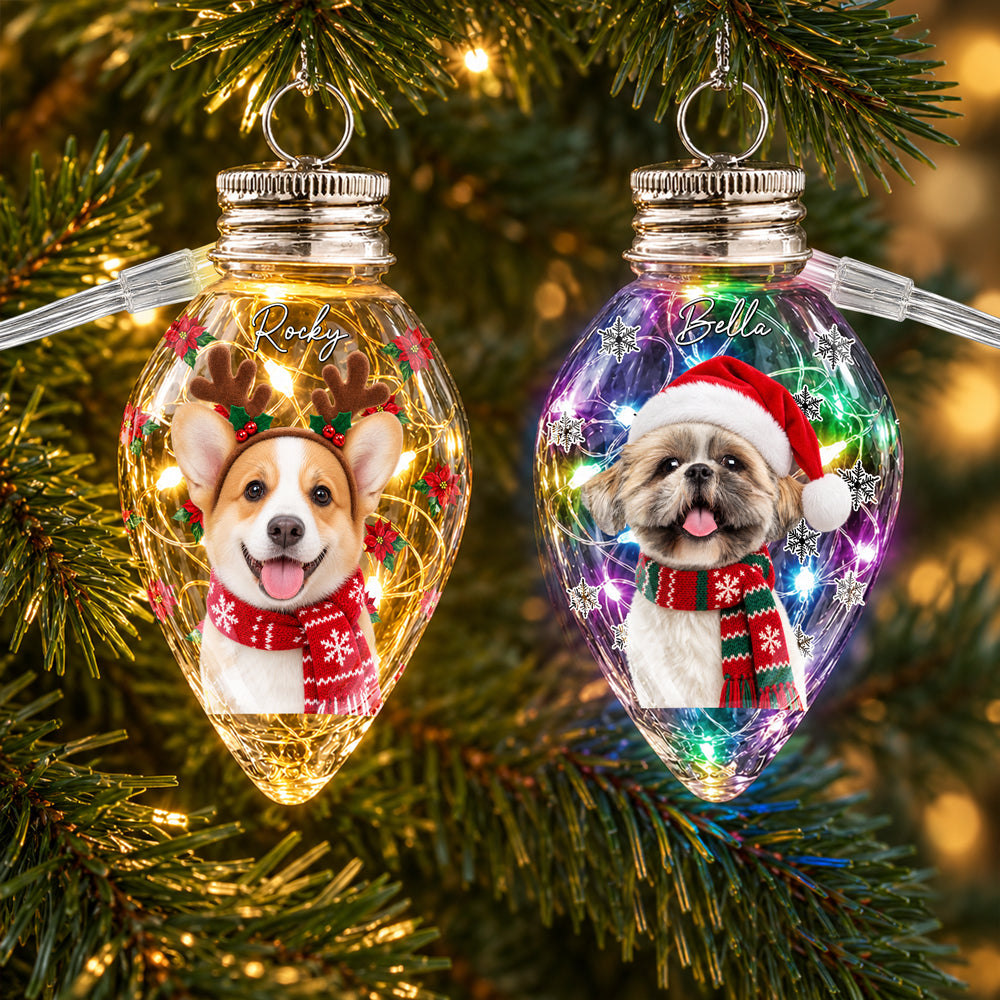 Custom Photo & Name Pet Dog Portrait With Holly Snowflake Poinsettia Chili Bulb LED Light HO82 904080
