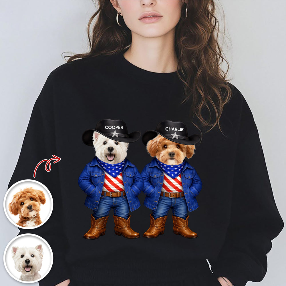 Custom Dog Cat Photo Patriotic Cowboy Dark Shirt, Personalized Pet USA Flag Outfit Gift for Pet Lovers HA75 920970