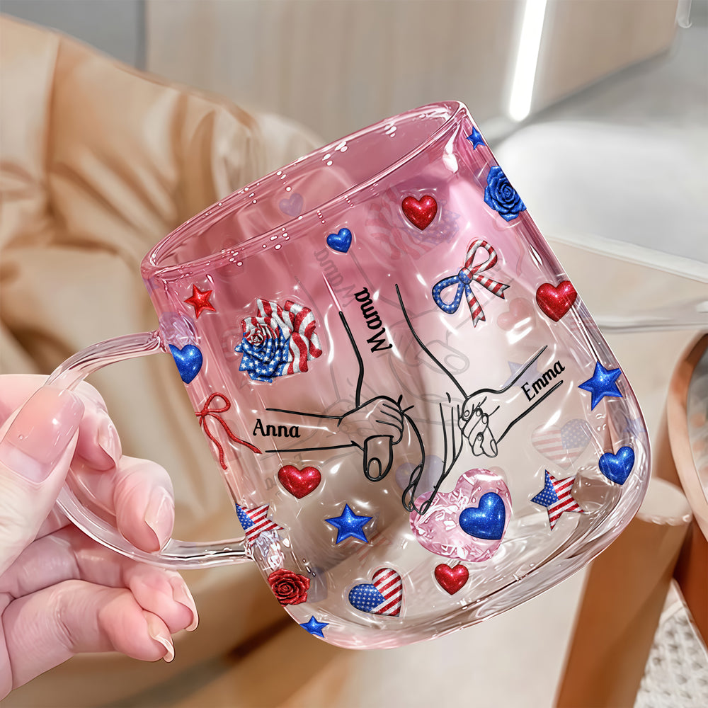 Custom Name Forever Connected, Hand in Hand American Flag Gradient Glass Mug, Personalized Mother’s Day Gift for Mom HO82 902074