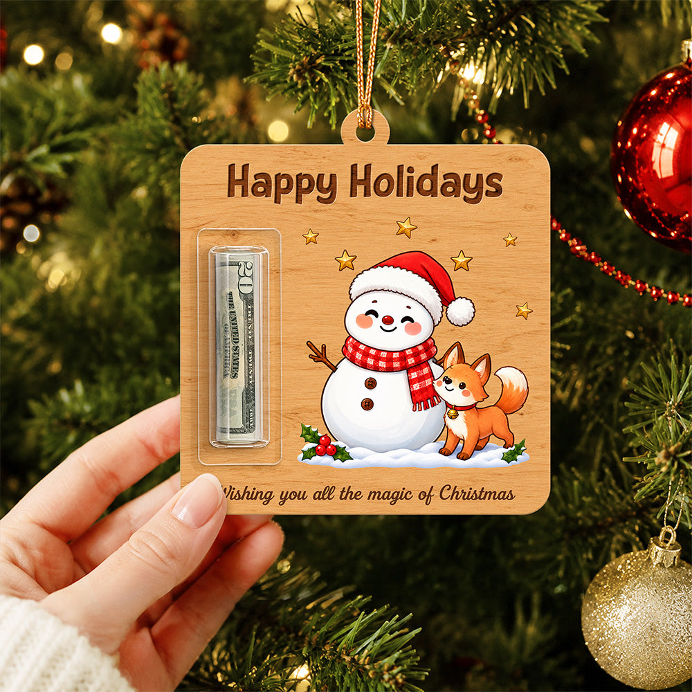 Personalized Character Happy Holidays Wooden Money Holder Ornament, Christmas Cash Gift For Family TH10 171379