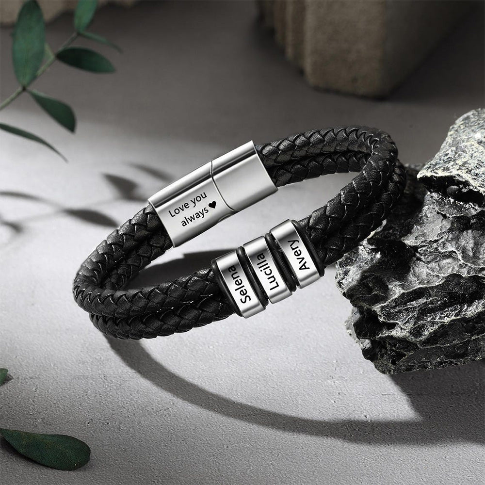 Personalized Kid Names Men's Braid 7-9 inch Leather Bracelet - Gift For Dad, Men's Jewelry, Husband's Gifts, Grandad Father's Day Gift HO82 902408