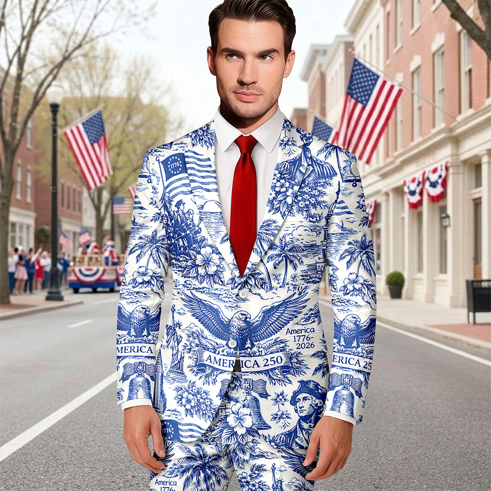 America 250th Anniversary Toile De Jouy Style Patriotic Men's Suit CH07 911028
