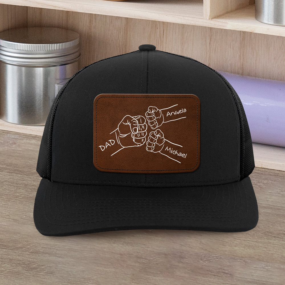 Custom Kid Names Dad Fist Bump Leather Patch Cap, Personalized Gift for Dad HO82 902286